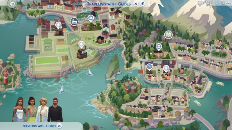 A screenshot from The Sims 4 showing the map of nordhaven
