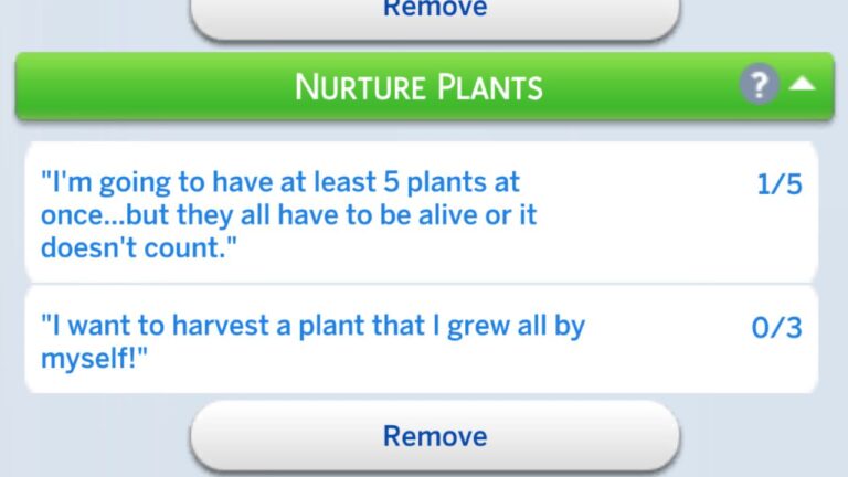 A screenshot from The Sims 4 showing the tasks for the nurture plants formative moment
