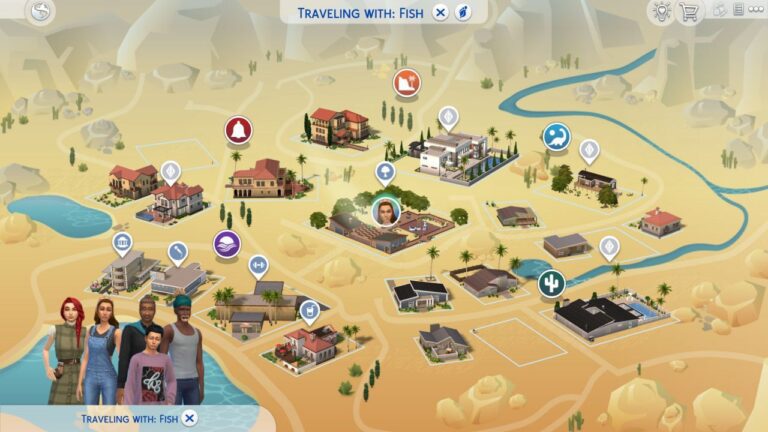 A screenshot from The Sims 4 showing the Oasis Springs Map