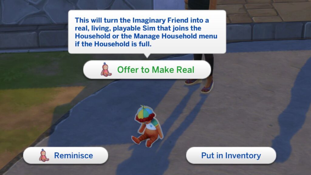 A screenshot from The Sims 4 showing how to turn an imaginary friend into a sim 