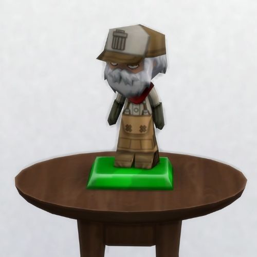 A screenshot from The Sims 4 with a small, circular brown table. On top is a MySims Trophy named Ol' Gabby
