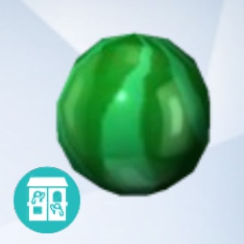 A screenshot from The Sims 4 showing a grey background with an enlarged image of a marble with a green design 