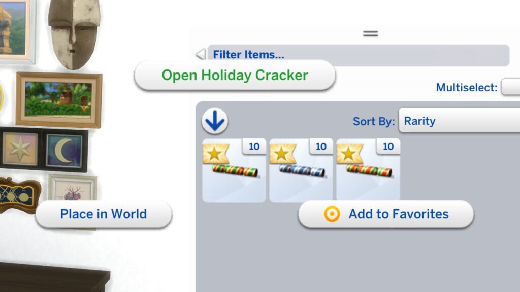 A screenshot from The Sims 4 showing how to open holiday crackers from a sim's inventory