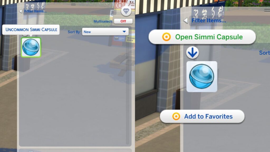 A screenshot from The Sims 4 showing an Uncommon Simmi Capsule in a sim's inventory and the option to open it
