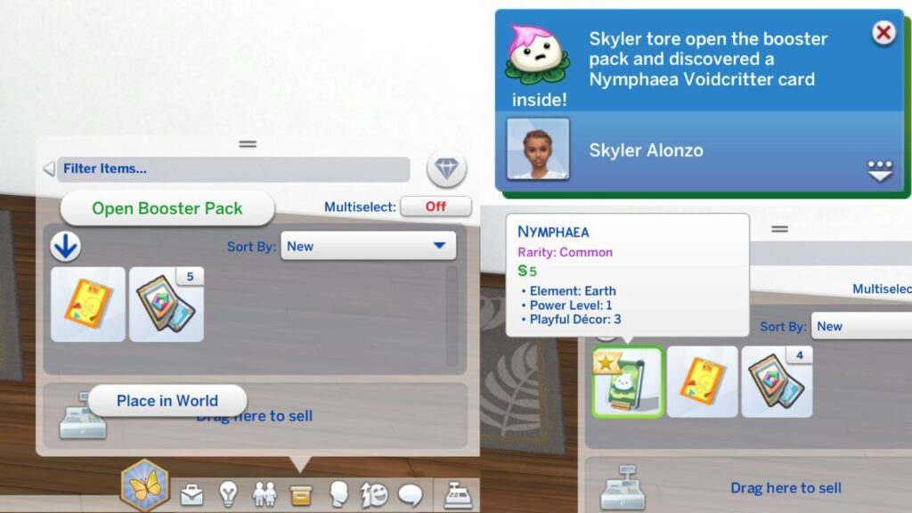 A screenshot from The Sims 4 showing how to open a voidcritter booster pack