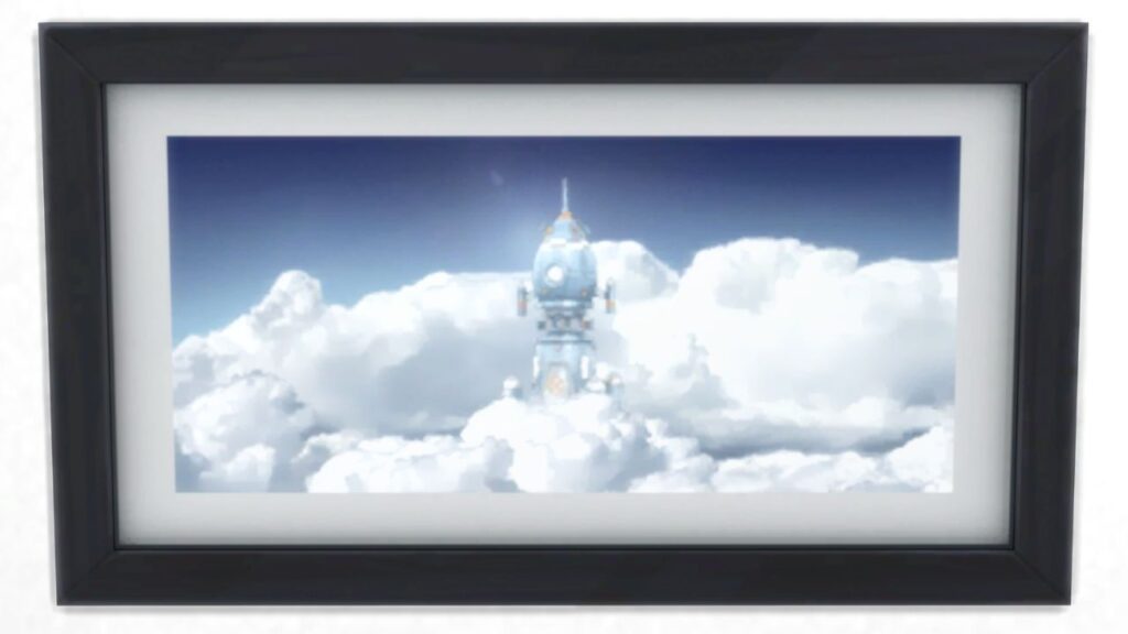 A screenshot from The Sims 4 showing a black frame with a print of a rocket ship in the clouds