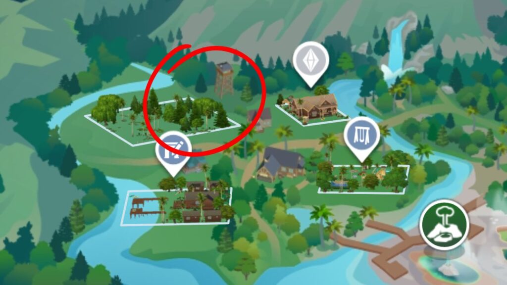 A screenshot from The Sims 4 showing the location of the tower in Wanderwood Wilds near the owl butterfly