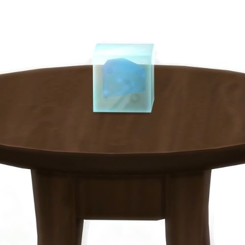 A screenshot from The Sims 4 showing a dark brown table with an Oxypin in a square on top