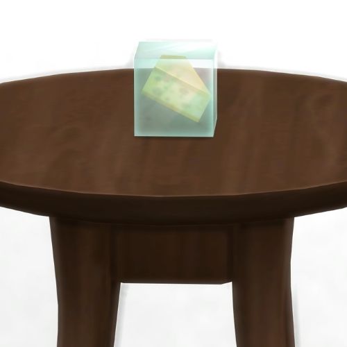A screenshot from The Sims 4 showing a dark brown table with an Ozinate in a square on top