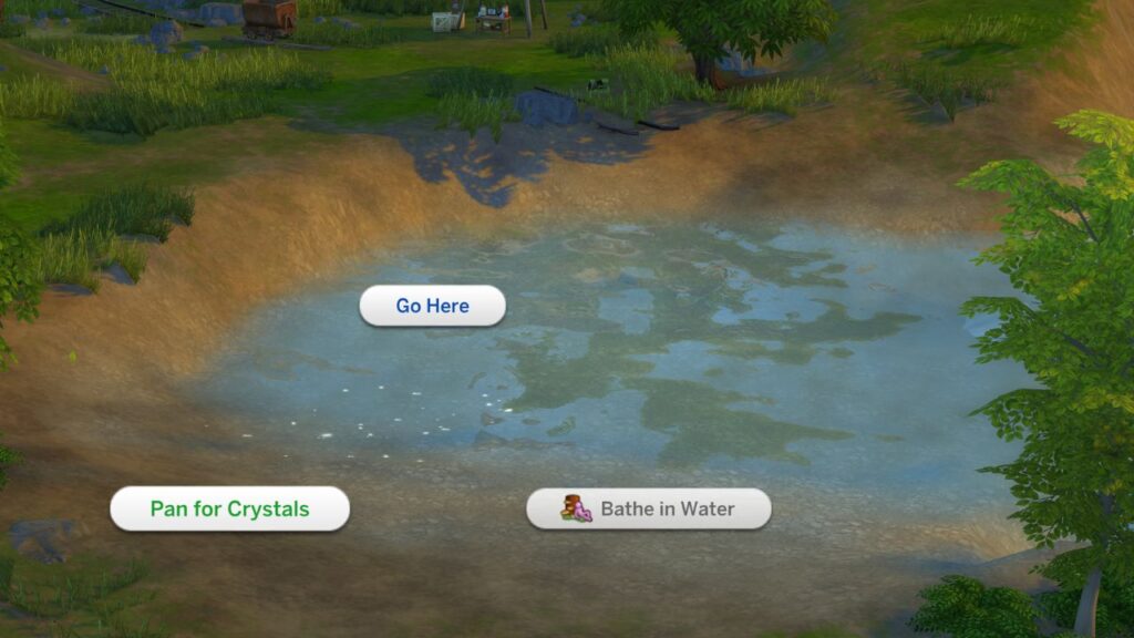 A screenshot from The Sims 4 showing how a sim can pan for crystals in Gibbi Point