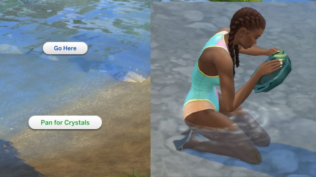 A screenshot from The Sims 4 showing the option to pan for crystals and a sim panning in shallow water 