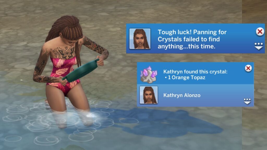A screenshot from The Sims 4 showing a sim panning for crystals and the notifications you get when you find one