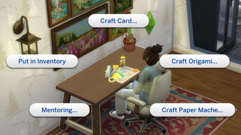 A screenshot from The Sims 4 showing  all of the options on a paper craft kit 