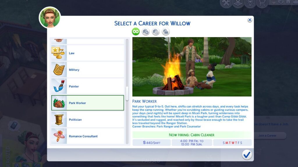 A screenshot from The Sims 4 showing the park worker career page 