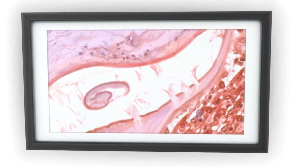 A screenshot from The Sims 4 of a black frame with an image of pink cells 