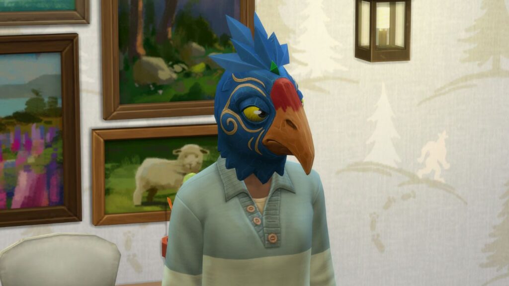 A screenshot from The Sims 4 showing  a sim wearing a Plumbird mask 