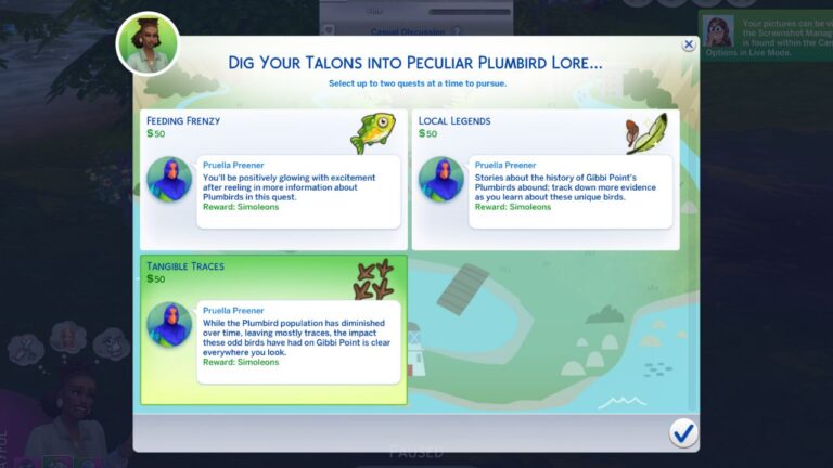 A screenshot from The Sims 4 showing the peculiar plumbird quests