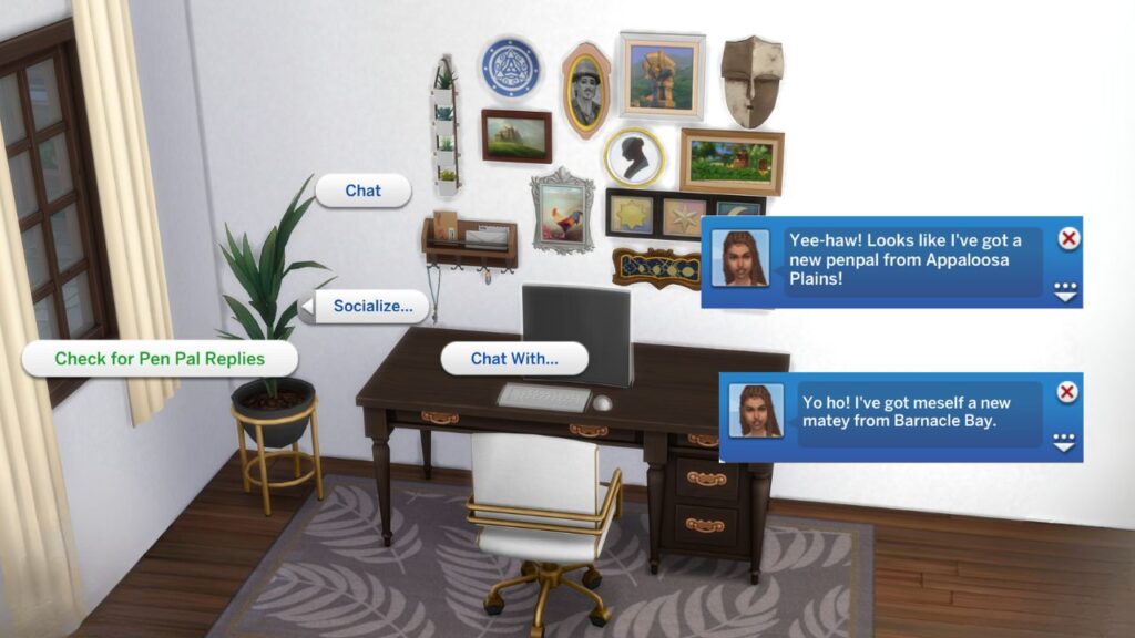 A screenshot from The Sims 4 showing how to check for pen pal replies on a computer as well as the notification you'd get