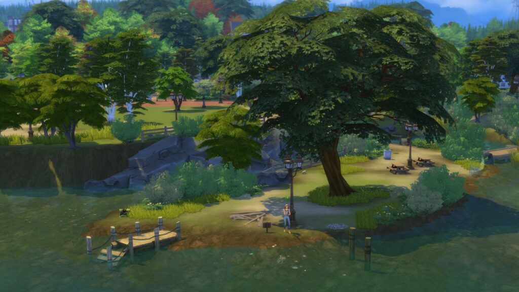 A screenshots from The Sims 4 showing a fishing spot on a peninsula behind sorting space