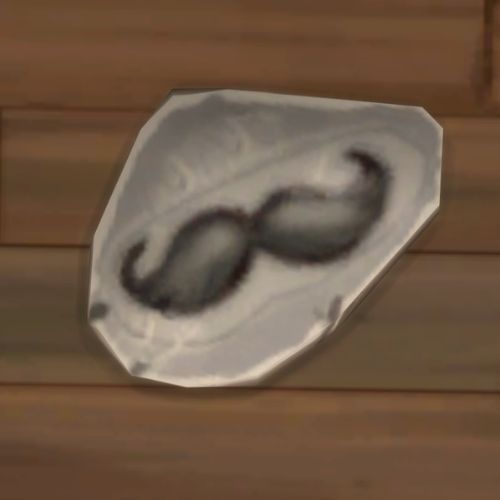 A screenshot from The Sims 4 showing a rock on the ground. On the rock is an image of a moustache