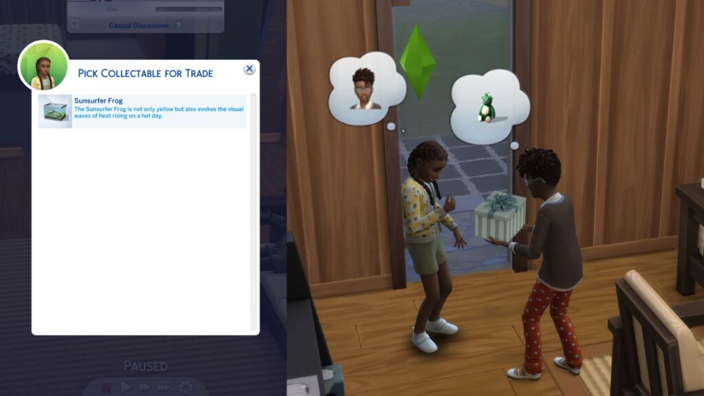 A screenshot from The Sims 4 showing the menu to pick a collectable to trade and two kids trading 