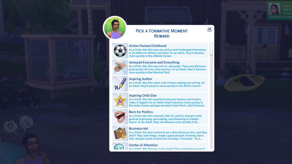 A screenshot from The Sims 4 showing the menu for recalling a lost formative moment