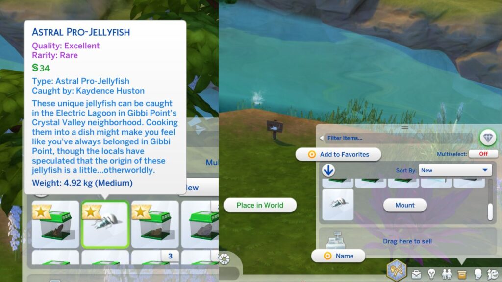 A screenshot from The Sims 4 showing how to place an Astral Pro-Jellyfish in world to get a jelly butterfly