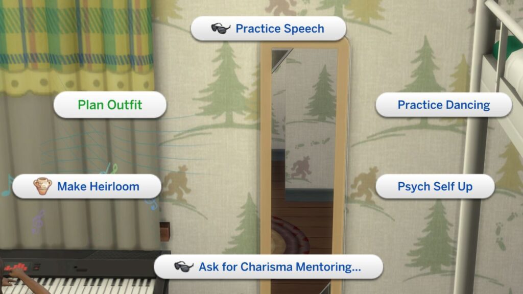 A screenshot from The Sims 4 showing a mirror with Plan Outfit highlighted on the menu