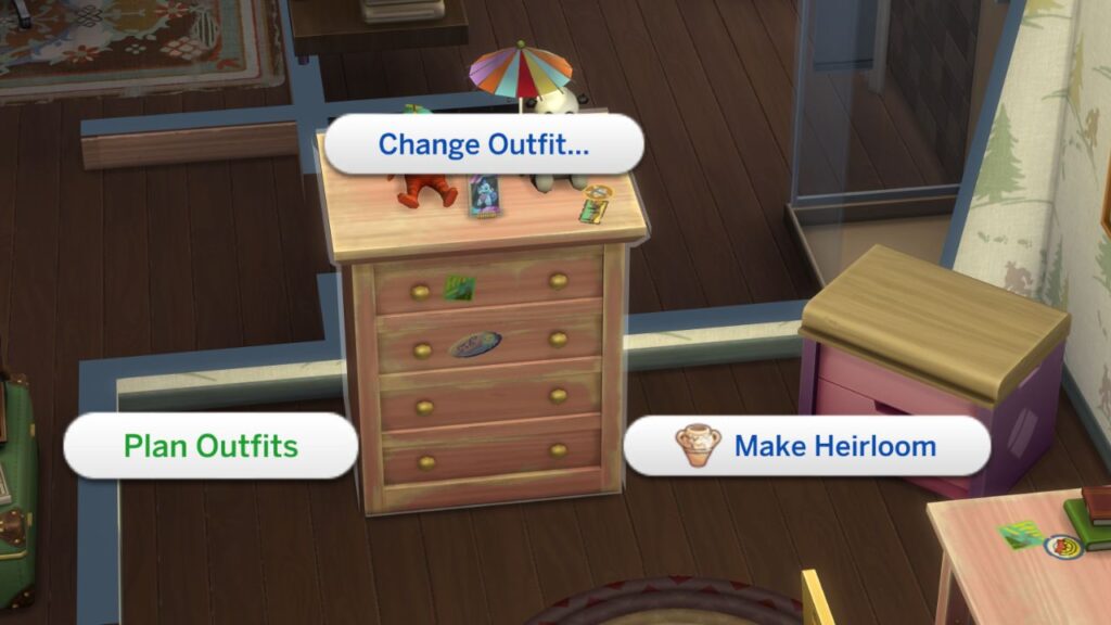 A screenshot from The Sims 4 showing how to plan outfits on a dresser