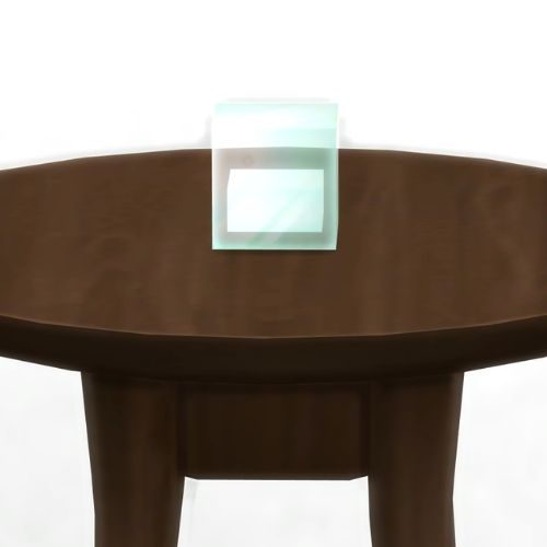 A screenshot from The Sims 4 showing a dark brown table with a Plathium element in a square on top