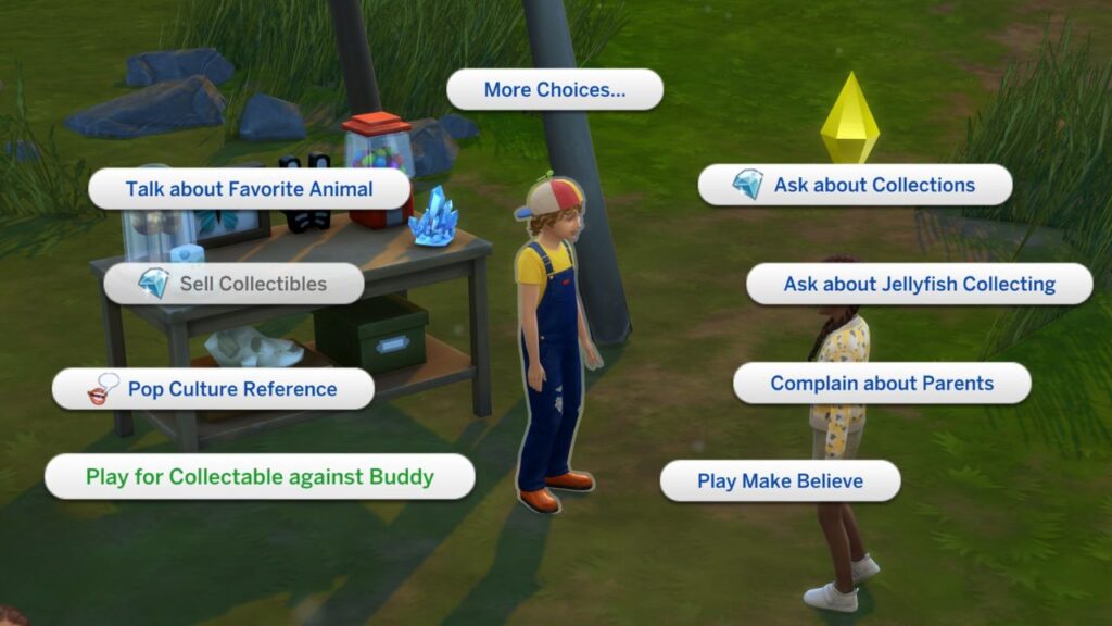 A screenshot from The Sims 4 showing the option to Play for Collectable Against Buddy 