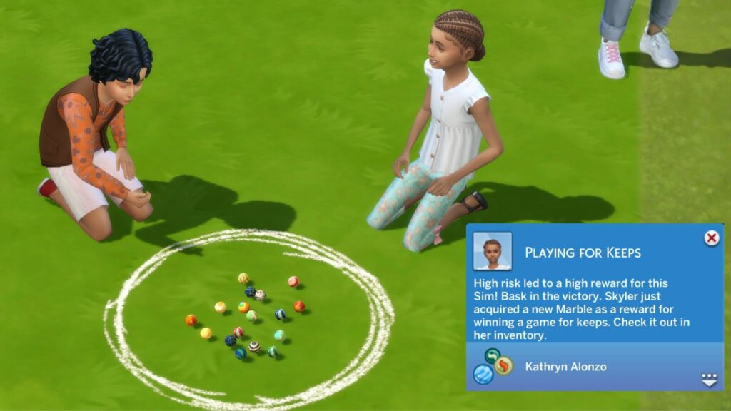 A screenshot from The Sims 4 showing two kids playing marbles and the notification you get when you win for keeps 