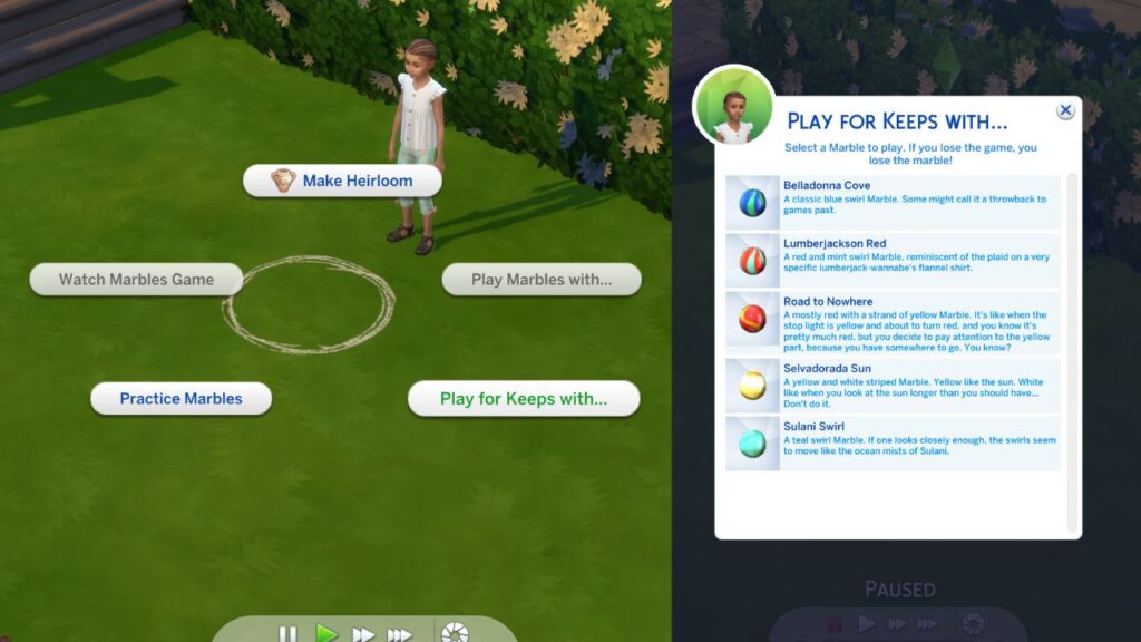 A screenshot from The Sims 4 showing the options and menus for playing for keeps on a marble ring 