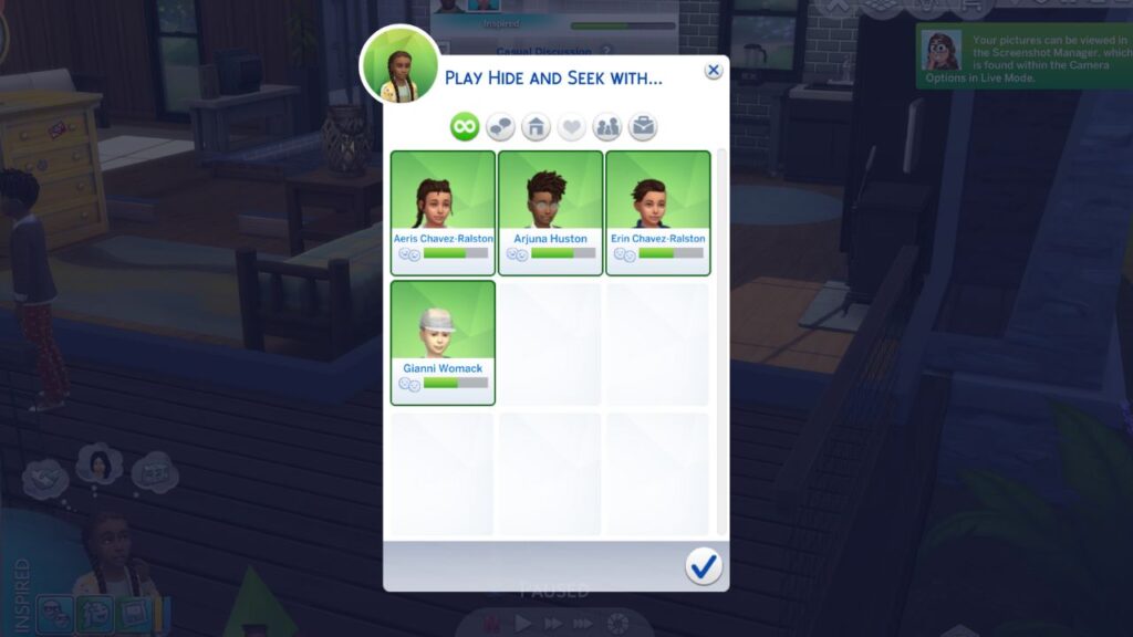 A screenshot from The Sims 4 showing the menu to choose people to play hide and seek with 