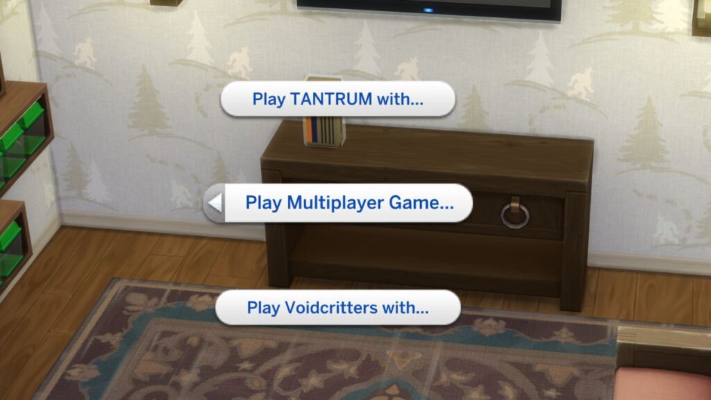 A screenshot from The Sims 4 showing how play a video gaming console with another sim 