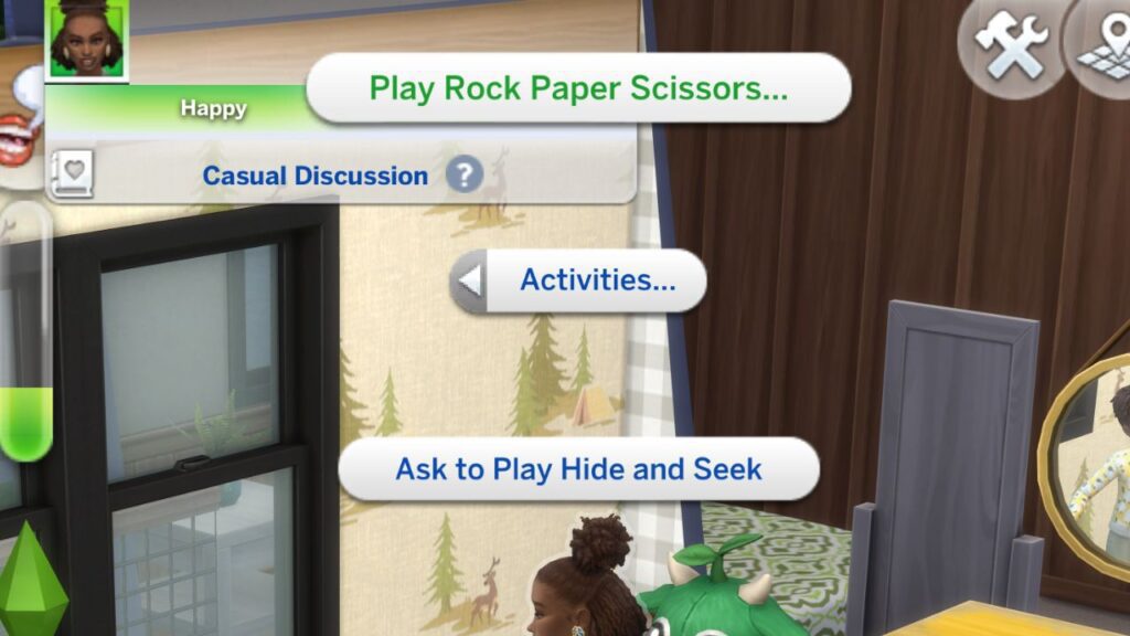 A screenshot from The Sims 4 showing how to play rock paper scissors with another sim 