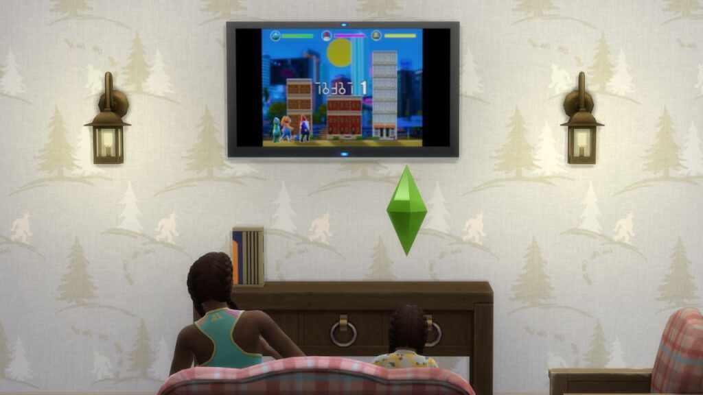 A screenshot from The Sims 4 showing a mother and daughter playing video games together 