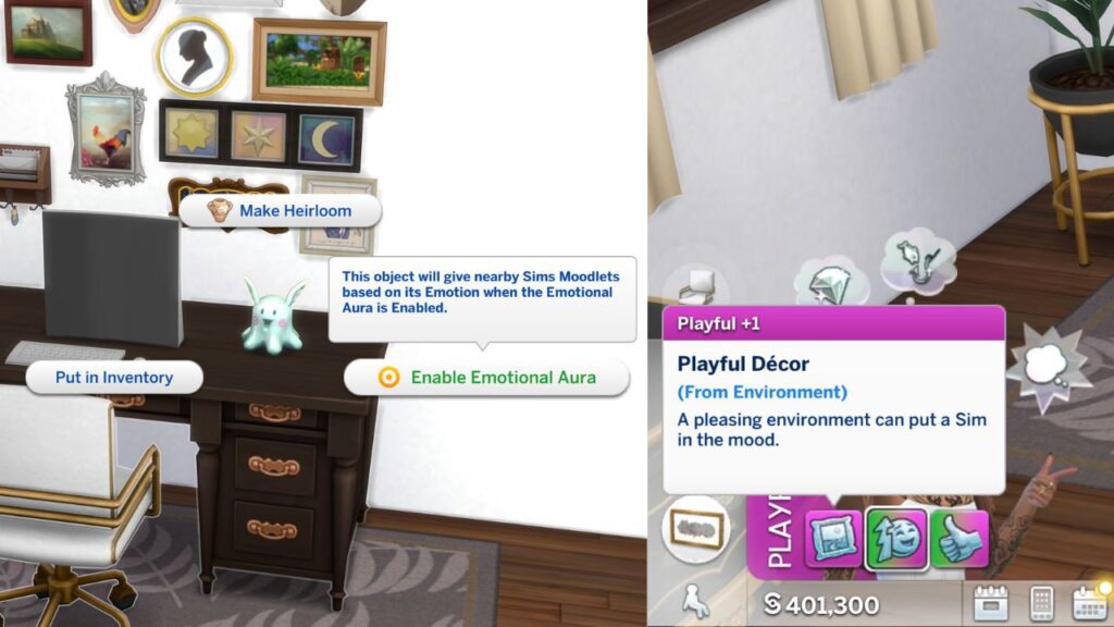 A screenshot from The Sims 4 showing how to enable emotional aura from a plush toy