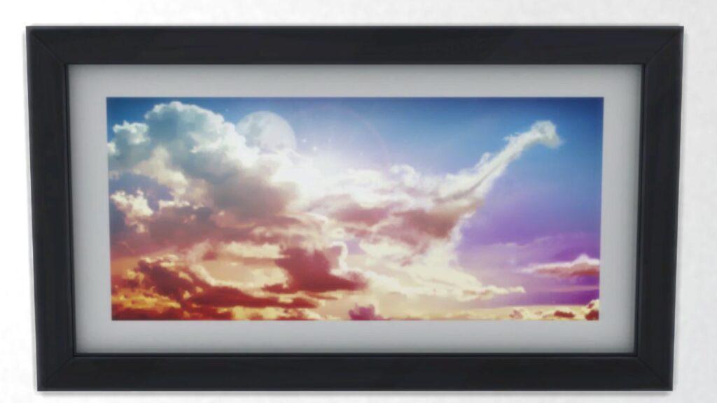 A screenshot from The Sims 4 showing a black frame with a print of a sky with a dinosaur shaped cloud