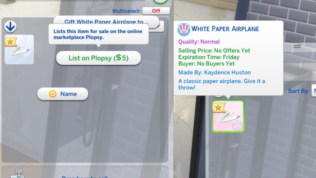 A screenshot from The Sims 4 showing  the option to sell paper craft on plopsy 