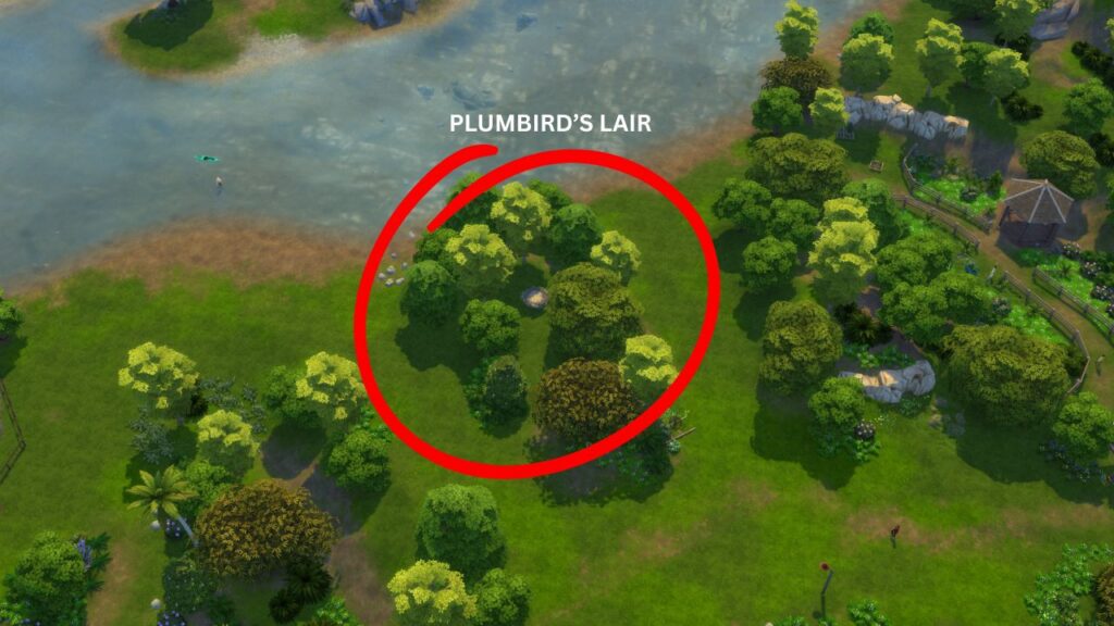 A screenshot from The Sims 4 showing the location of the Plumbird's lair and nest