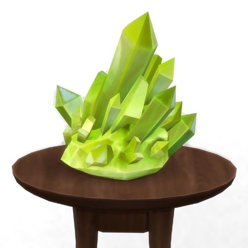 A screenshot from The Sims 4 showing a brown circular table with a crystal on top. This image has a crystal called plumbite