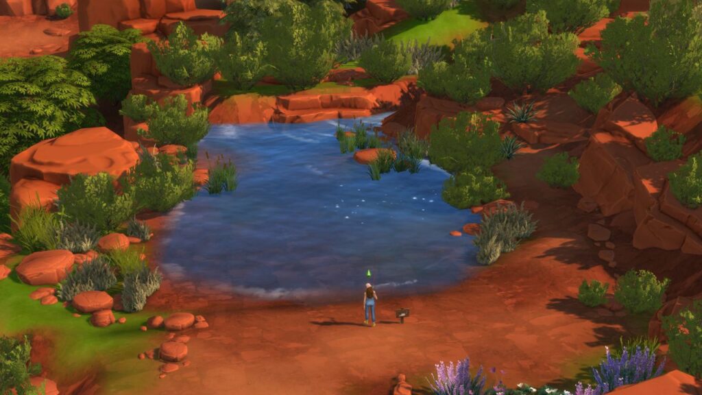 A screenshot from The Sims 4 showing a fishing spot in a pond behind the Roswell Lot