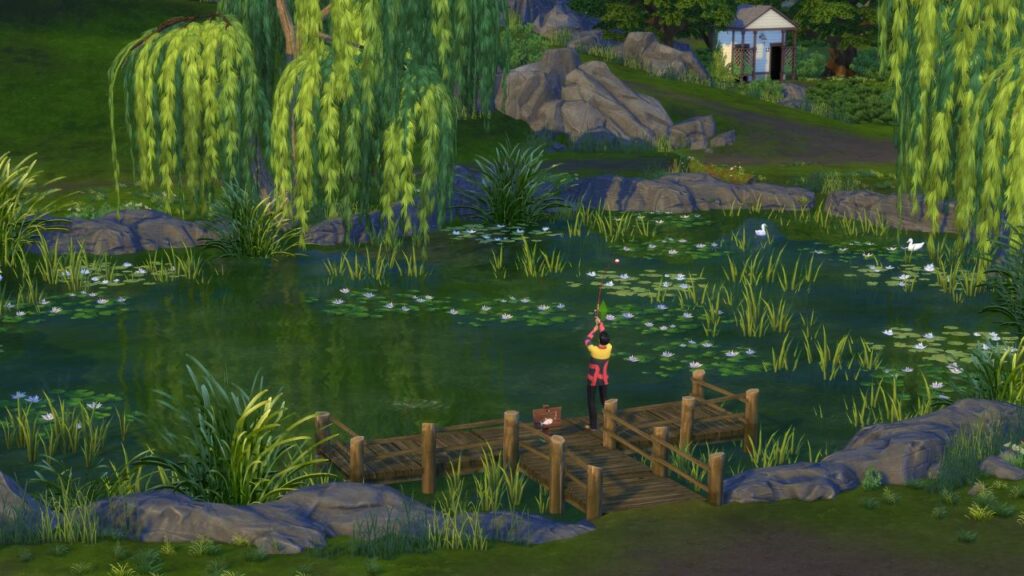 A screenshot from The Sims 4 showing a sim fishing in a pond in old new henford