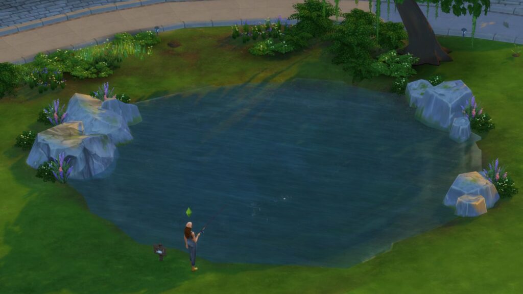 A screenshot from The Sims 4 showing the location of a pond in Newcrest with as sim fishing