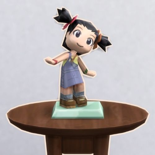 A screenshot from The Sims 4 with a small, circular brown table. On top is a MySims Trophy named Poppy