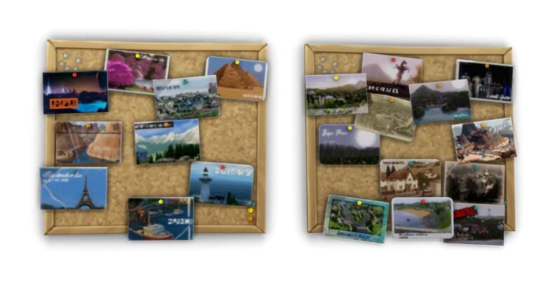 A screenshot from The Sims 4 showing two corkboards covered in post cards