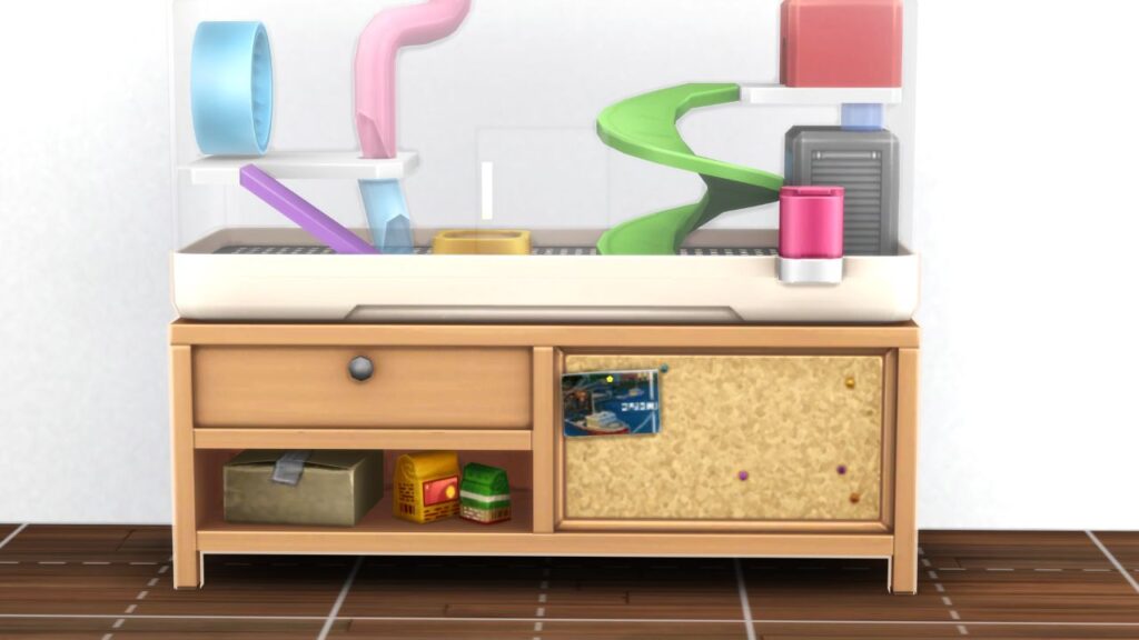 A screenshot from The Sims 4 showing a pet habitat with a post card on the front cork board