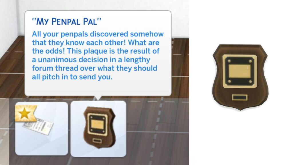 A screenshot from The Sims 4 showing the My Penpal Pal plaque for the postcards collection