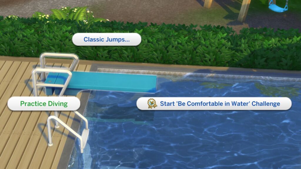 A screenshot from The Sims 4 showing how to practice diving from a diving board 